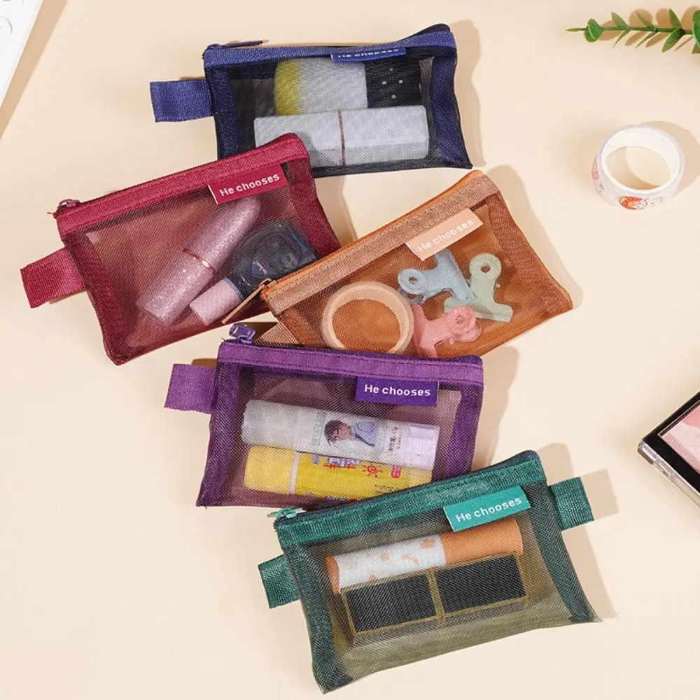 Portable Mesh Coin Purse Large Capacity Transparent Lipstick Bag Zipper Multifunction Key Bag