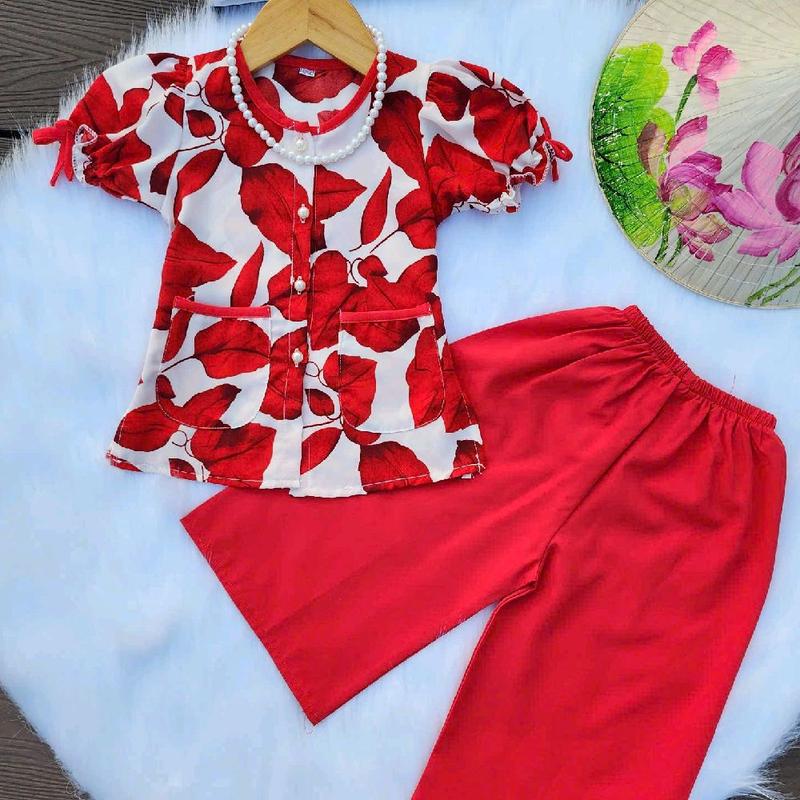 9-32kg Bộ áo bà ba lụa phối túi tay áo nhún phồng + quần dài ống suông Cho Bé