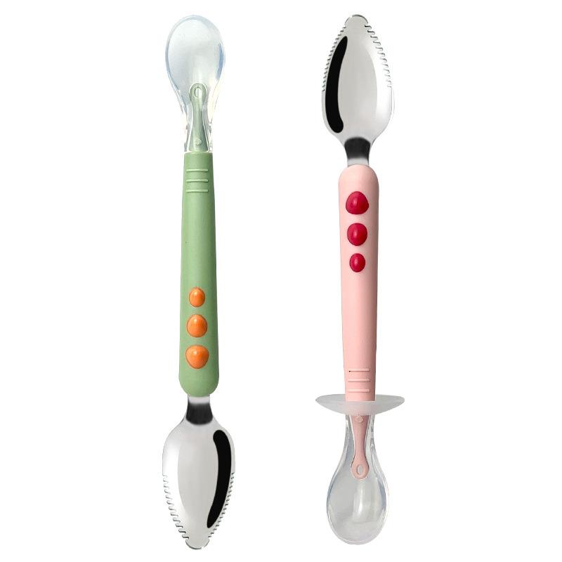Double-Headed Mud Scraper Spoon Baby Food Supplement Baby 316 Stainless Steel Fruit Puree Spoon Silicone Spoon Feeding Mud Scraper Spoon 4