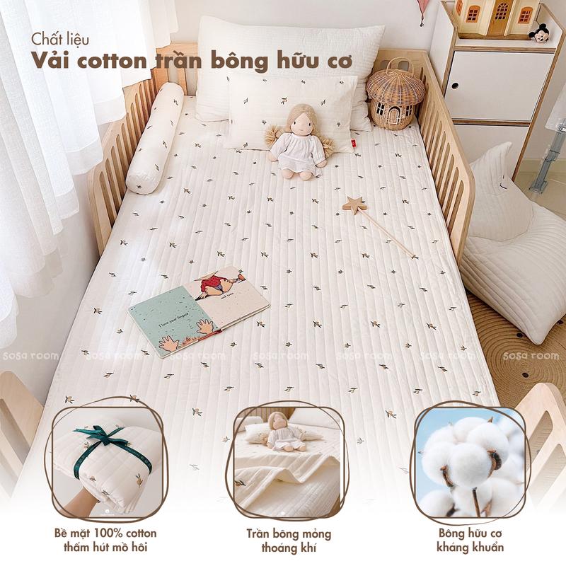 Quây cũi thảm gối, thêu olives, trần bông hữu cơ, quây chống va đập cho bé 4