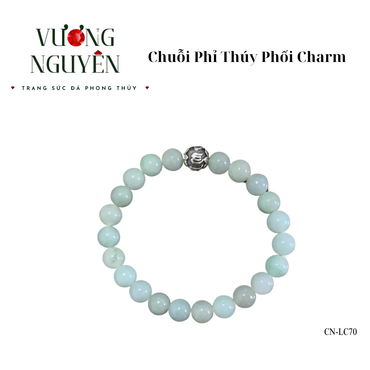 CN-LC70 Vòng tay cẩm thạch Vương Nguyên, chuỗi vòng phỉ thúy nếp mịn phối charm lục đại minh chú.