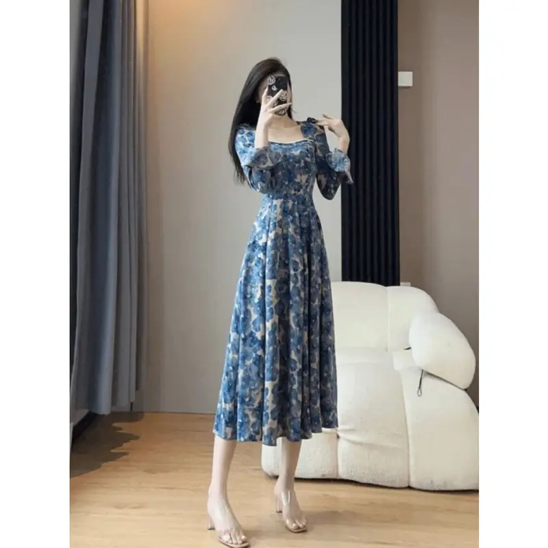 [ready stock]FADFAD - Gaun Maxi Wanita Motif Bunga Biru Elegan - Lengan Panjang Model Korea Vintage - Bahan Adem Berkualitas - Cocok untuk Acara Formal & Santai 1