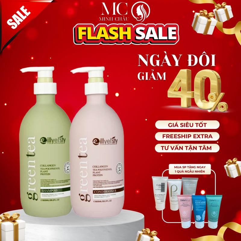 dầu Gội Xả trà xanh Eillyelsty Green Tea 800ml x2 Nuôi Dưỡng Tóc Chắc Khỏe, Giảm Xơ Rối    tặng sét mini Nữ Gội Đầu