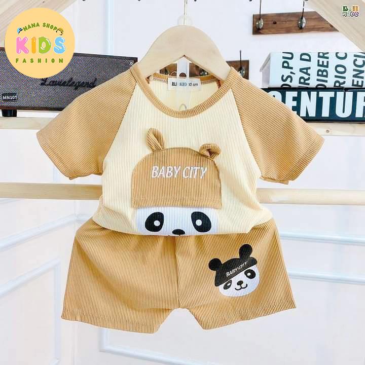 [5 bộ cộc tay] Bộ đồ cho bé trai bé gái chất thun tăm in hình gấu trúc mũ to cho bé từ 5-16kg - B21 2