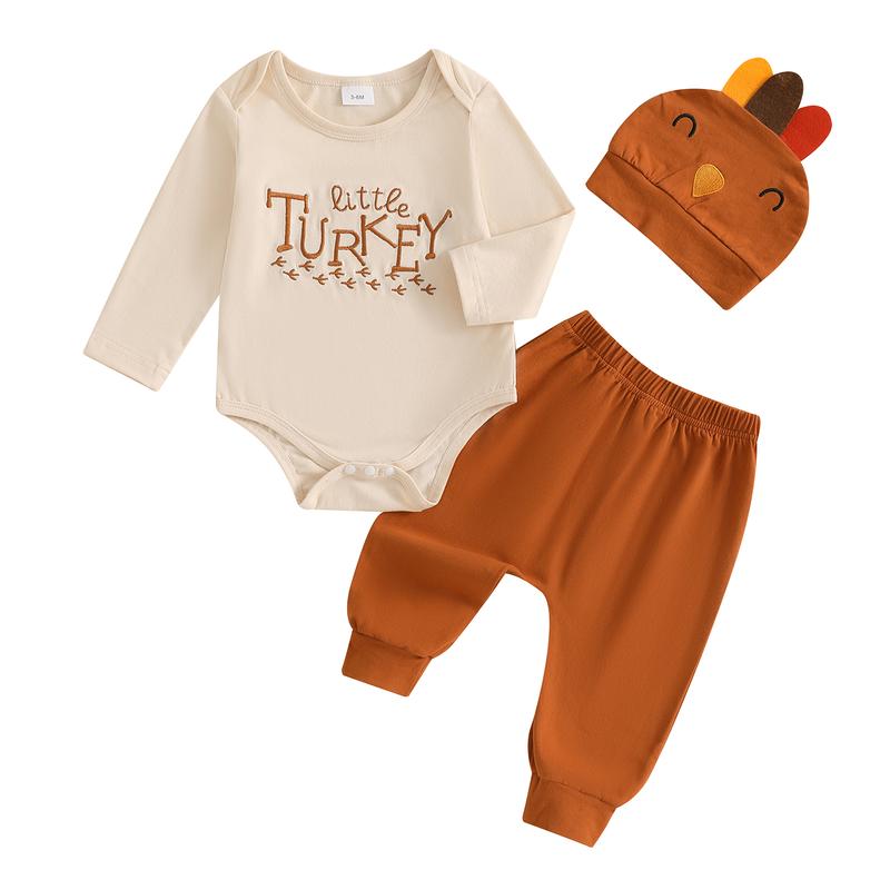 TikTok Shop Newborn Baby Boy Thanksgiving Outfit Turkey Letter Print Long Sleeve Romper Long Pants Set Infant Fall Winter Clothes