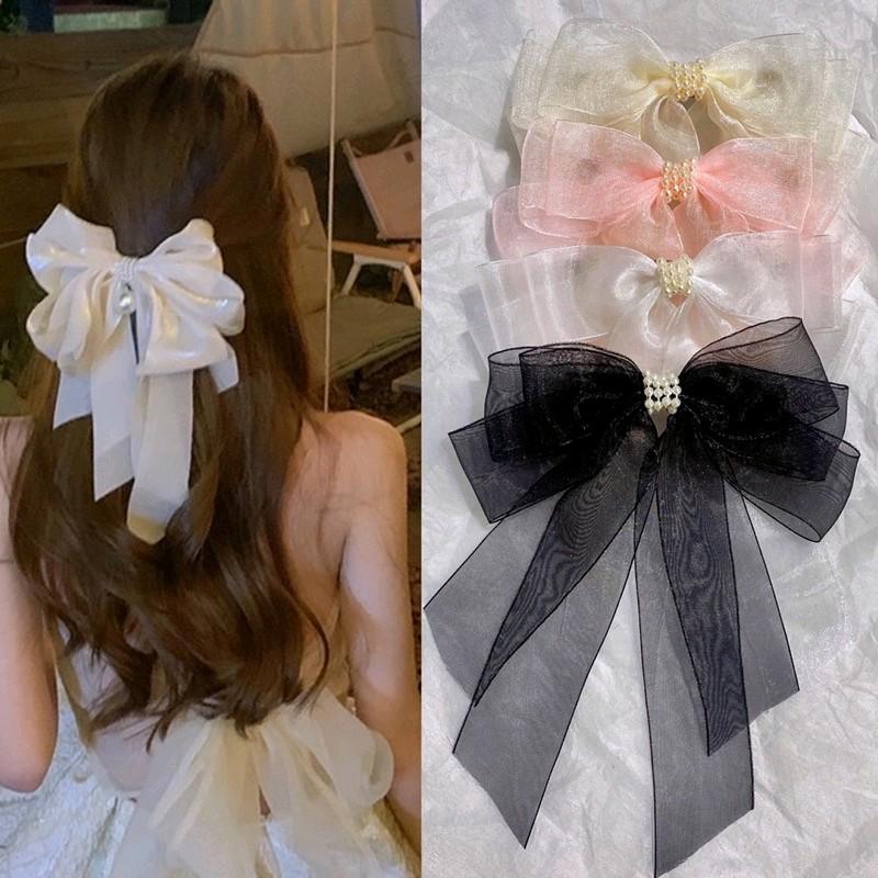 Kẹp tóc nơ voan 5 lớp đính trai đuôi dài dễ thương M048