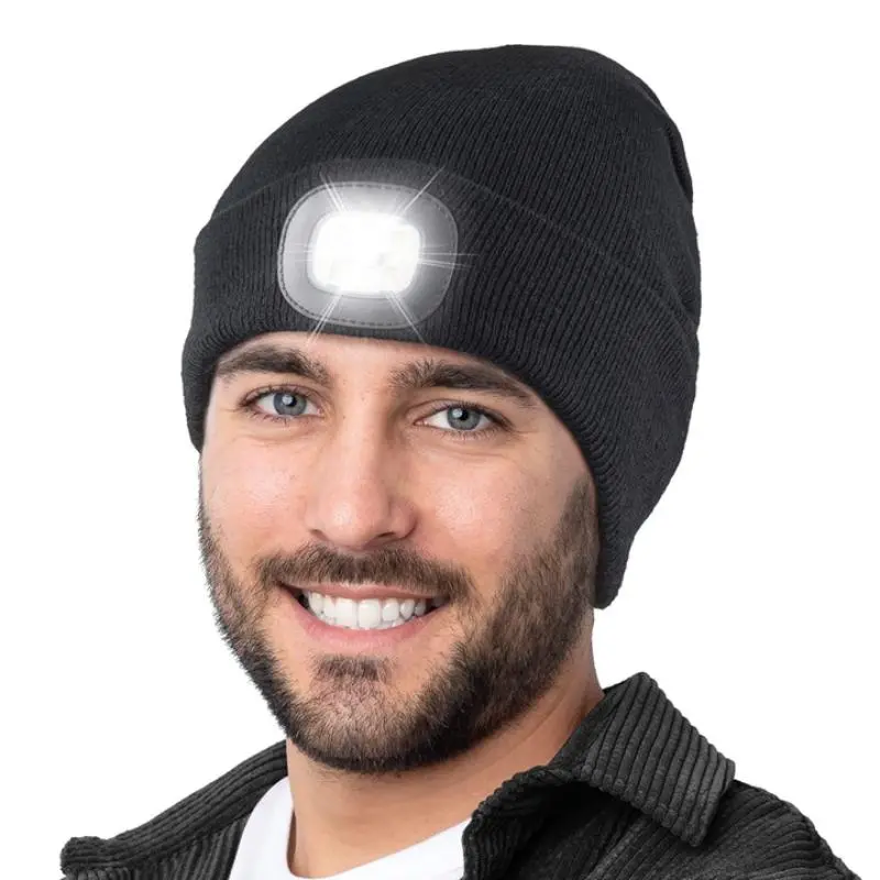 2 In 1 Warm Keeping Solid Color Hat & Hand Free Headlamp, Adjustable Brightness USB Rechargeable Cap Light For Walking Cycling Hiking Camping Fishing Gift