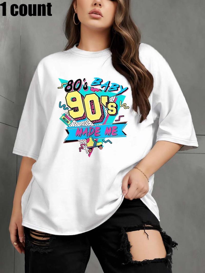 Product Introduction of Plus Size 80s & 90s Made Me Letter Print Round Neck Tee, Casual Short Sleeve Crew Neck T-shirt for Summer, Women's Plus Clothing for Daily Wear 3