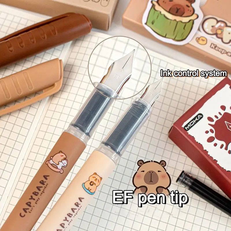 Bút Máy Capibara Đầu EF Dễ Thương, Bộ 4 Cái, Mực Có Thể Thay Thế, Mực Đen, Mực Khô Nhanh, Bút Máy Có Thể Nạp Lại Thích Hợp Để Học Tập, Đồ Trang Trí 4