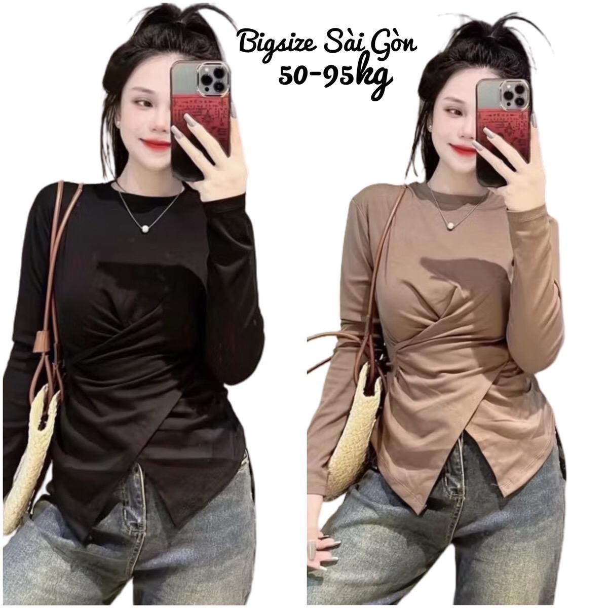 Thời Trang Bigsize Áo Thun Dây Rút Vải Thun Tăm Lạnh QC 50 - 100Kg Dễ Thương Top Nữ Cổ Tròn Sơ Mi Women - B.1216