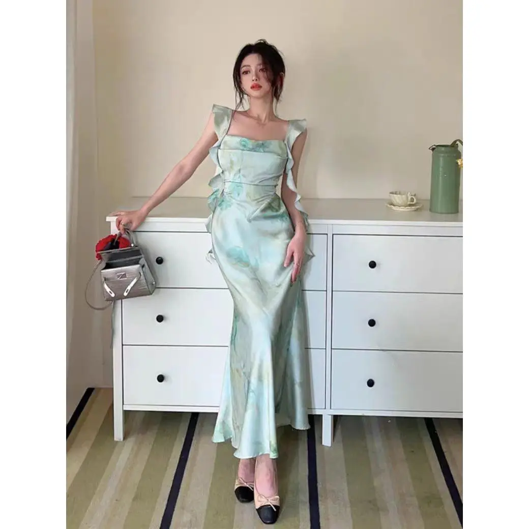 7850 korean sage green floral long Fitted dress for woman wedding elegant  summer cocktail dress plus size - TikTok Shop Philippines