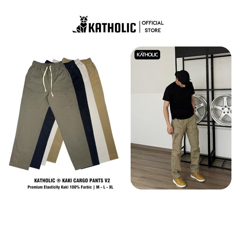 Quần cargo pants version 2 nam nữ lưng thun túi hộp ống suông rộng chất liệu kaki 280gsm co giãn gia công tỉ mỉ bốn màu đen essen kaki trắng kem KAT028 Menswear