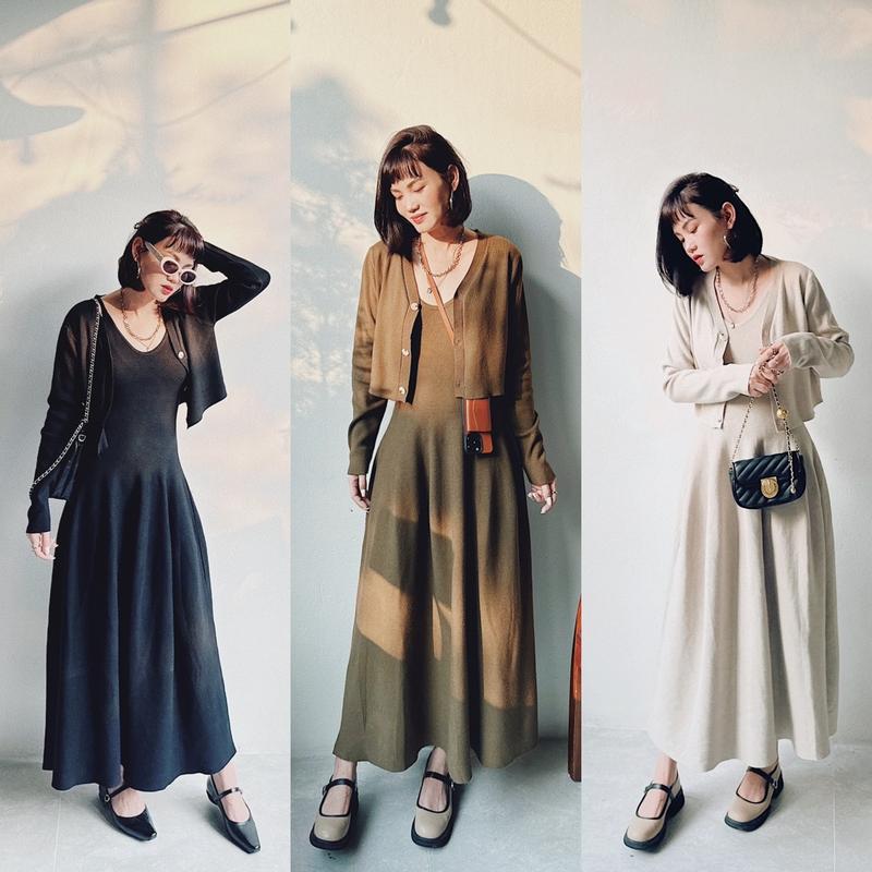 Set len dáng xoè gồm váy 2 dây kèm áo cardigan khoác ngoài Nữ Top