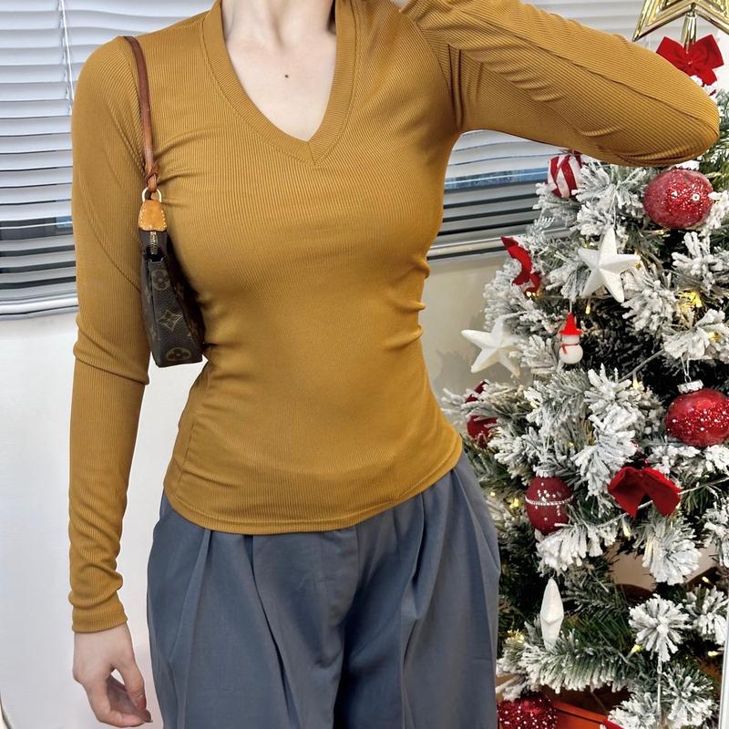 Áo Cổ Tim Nữ Tay Dài Vải Thun Gân Tăm Lạnh Mềm Mịn Mát Ôm Body Basic Women 7