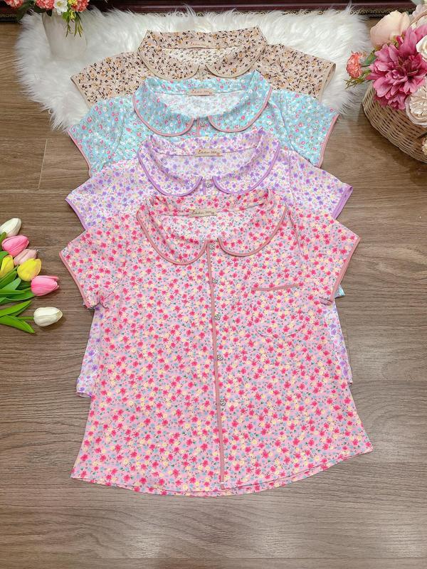 Đồ bộ cộc tay quần dài +lửng chất lụa mềm cổ sen phối viền 1 túi hoa