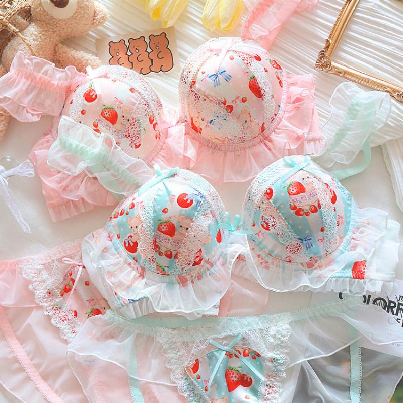 Đồ Lót Phong Cách Công Chúa, Dành Cho Nữ, Phong Cách Lolita, Chất Liệu Mềm Mại Nhật Bản, Thiết Kế Cô Gái Gấu Dễ Thương, Bộ Áo Ngực Không Dây Có Vòng Ngực Nhỏ Đáng Yêu 7