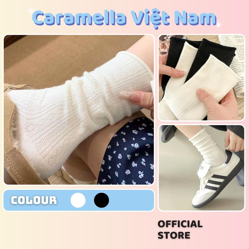 Tất Vớ Nữ Cotton Ren Mềm Mịn Cao Cổ Ôm Chân Màu Đen Trắng Phong Cách Hàn Quốc H007 Caramella Việt Nam Kem Women