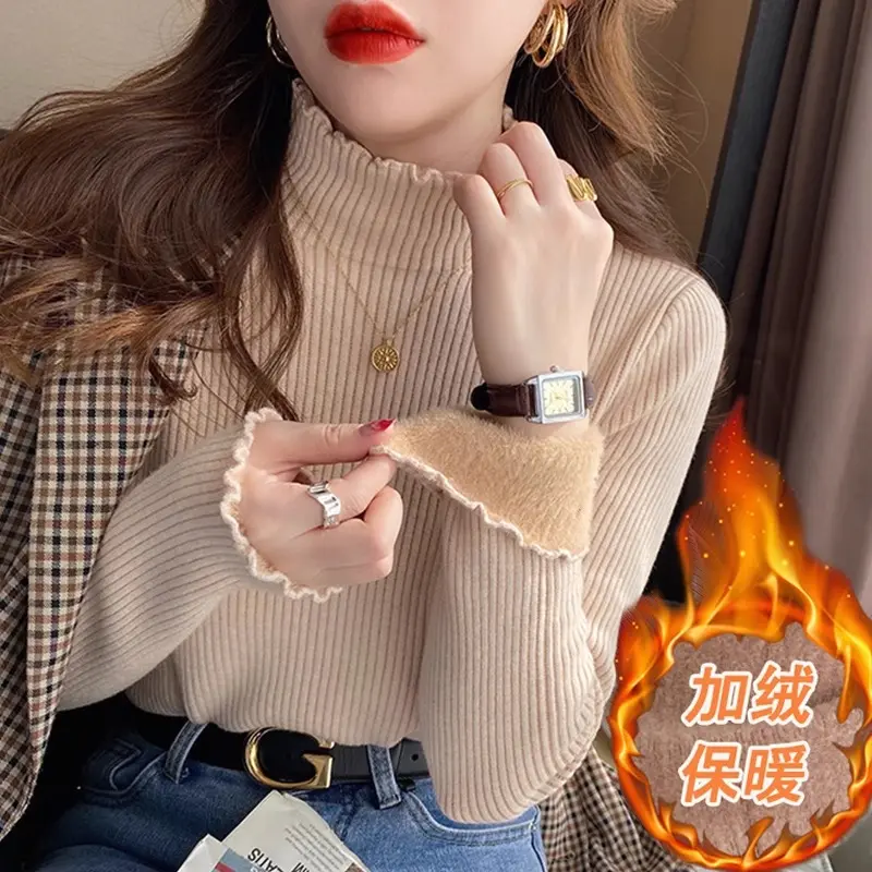 Áo Sơ Mi Lớp Nền, Cổ Lọ Nửa, Lót Lông Cừu Một Lớp, Dành Cho Nữ, Có Thể Mặc Bên Trong Mùa Thu Và Mùa Đông, Hàng Mới Về, Áo Len Dày Nhung, Phong Cách Phương Tây, Đồ Len Selvedge Dây
