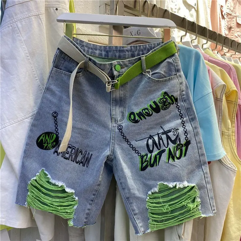 Quần Short Nữ, Dáng Rộng Vừa Vặn, Cạp Cao, Cắt Thẳng Nhỏ Nhắn, Ống Rộng, Dài Đến Đầu Gối, Quần Jean Có Lỗ, Hàng Mới Về Mùa Hè 2024