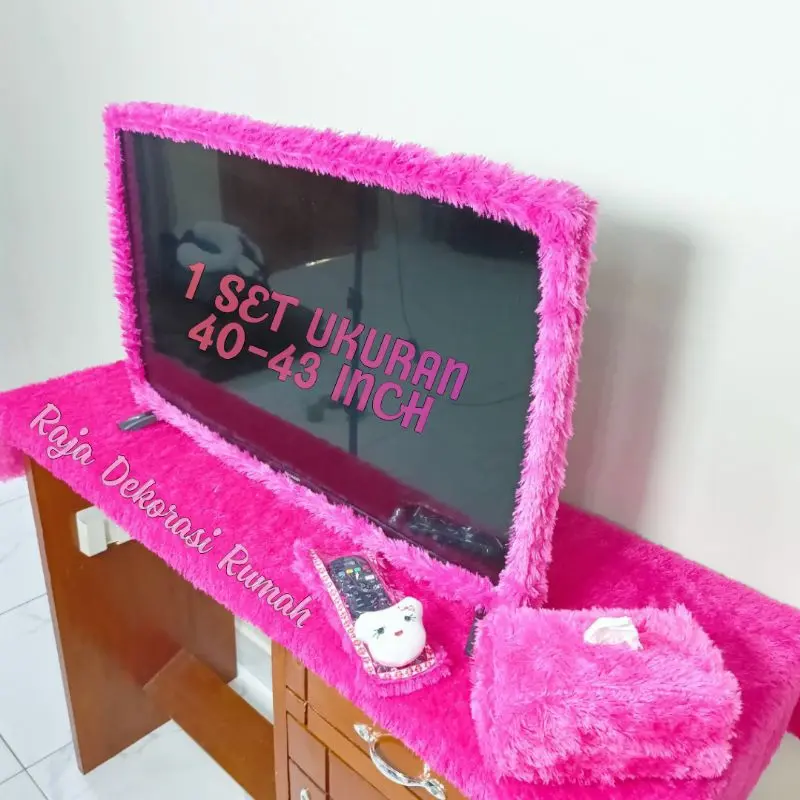 1 SET bando tv 43 inch tv led+taplak meja bulu+sarung remote karakter+sarung tissue