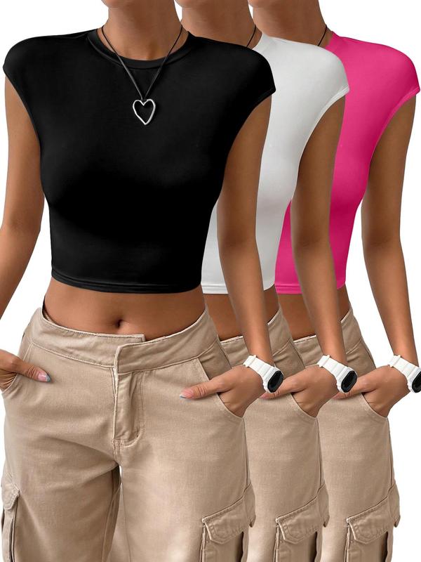 Women's Regular Fit Solid Twist Cut Out Backless Crop Tee without Necklace, Casual Cap Sleeve Round Neck T-shirt for Summer, Fashion Women's Summer Holiday Top for Daily Wear Valentine's Day, Gift 1