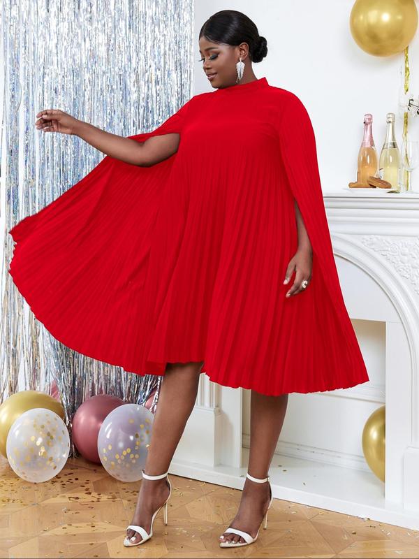 Plus Size Solid Color Cloak Sleeve Pleated Dress, Plus Elegant Keyhole Neckline Knee Length Dress for Party Holiday Wedding Guest, Women's Plus Clothes for All Seasons 2