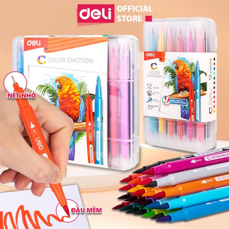 Bút màu marker 2 đầu liner và brush Deli - Màu sắc tươi sáng có thể rửa trôi - Tô màu vẽ tranh viết calligraphy - Bút màu dạ nước 1 đầu kim nhỏ và 1 đầu lông brush