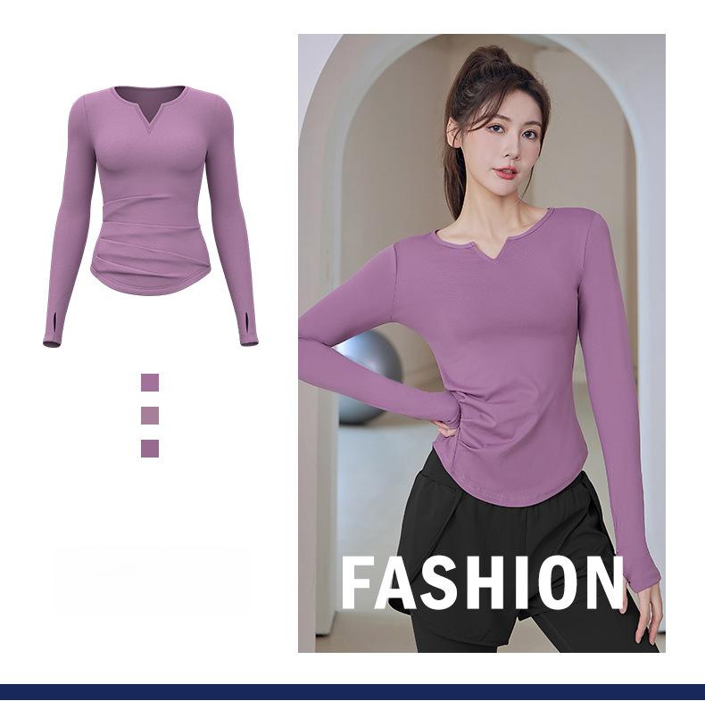 Product Introduction of New Running Sports Fitness Women'S Solid Color V-Neck Hoodie Long Sleeve Yoga Top 1