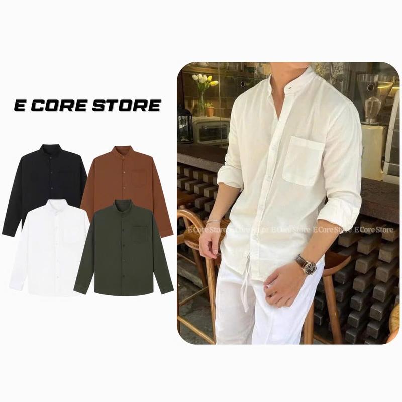 ￼Áo sơ mi dài tay đũi 1 túi áo đũi hàn cổ tàu trắng ,đen hàng vải đũi xước cao cấp ôm dáng thời trang trẻ Nam Menswear Shirt