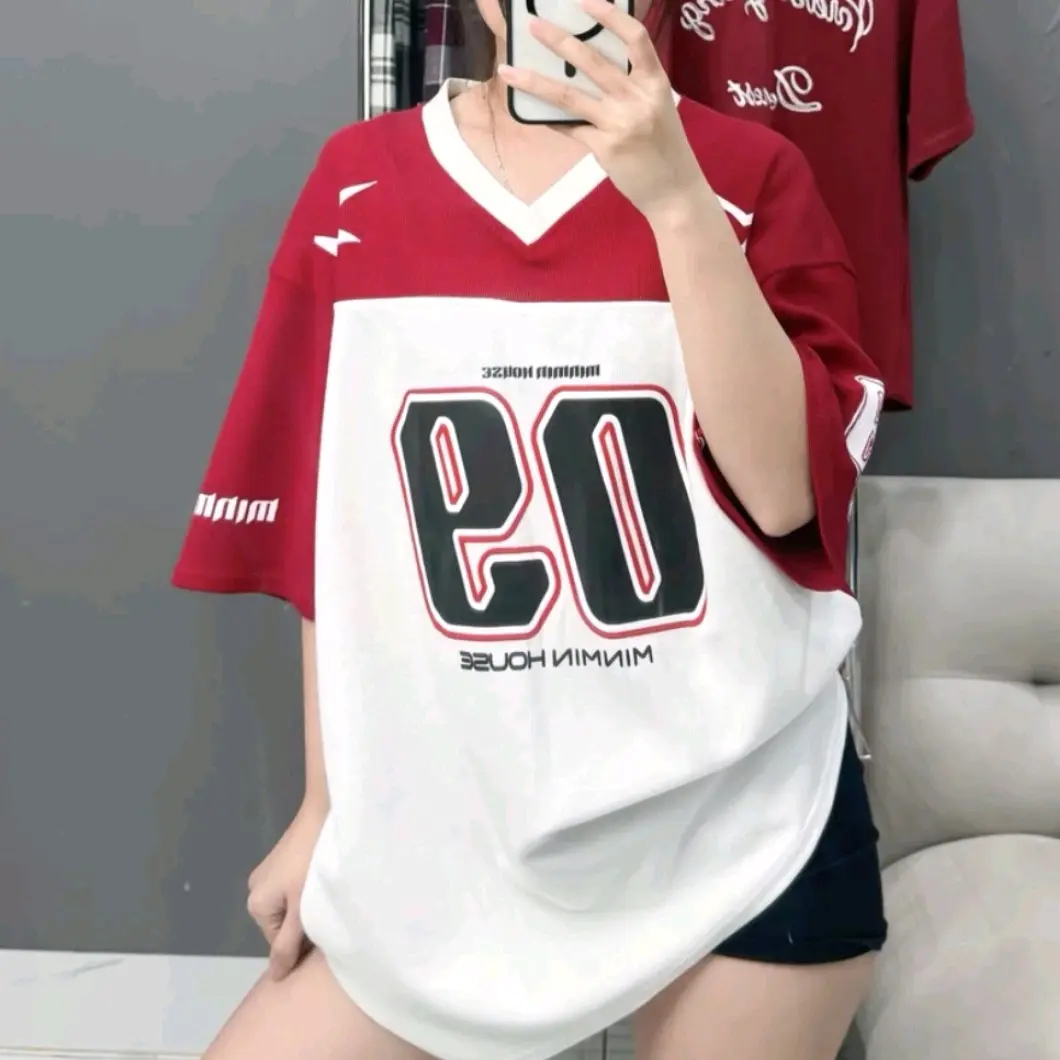 Áo Thun Unisex Số 09 màu đỏ Nữ Cotton Cổ Tròn Top Women