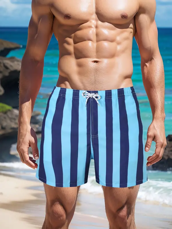 Men's Striped Print   Shorts, Regular Fit Casual Comfy Breathable Swim Shorts for Summer, Men's Shorts for Beach Vacation 3