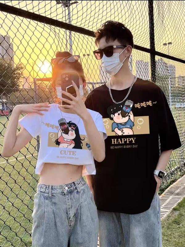 Product Introduction of Summer printed crewneck T-shirt simple fashion Harajuku Korean shorts sleeve temperament couple top 7