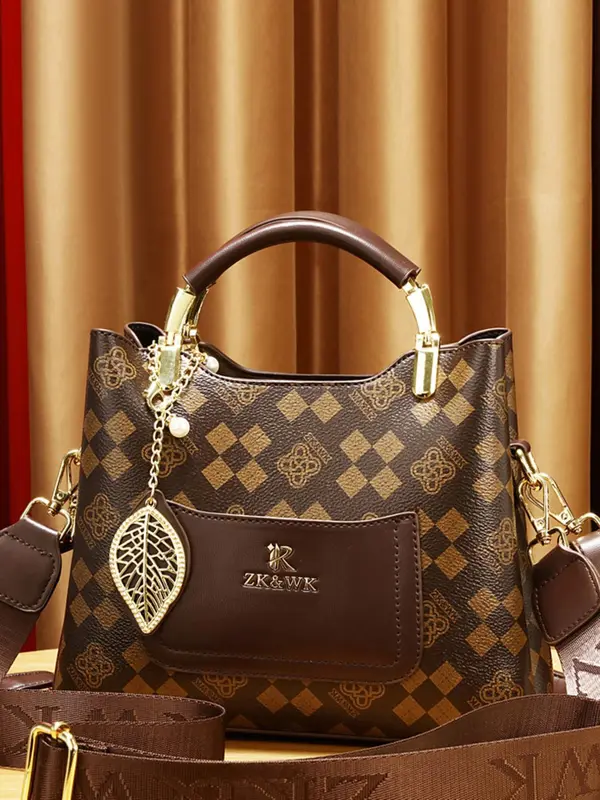 Summer Outfits 2024 Vintage Presbyopia Geometric Print Handbag for Women, New Trendy Bowknot Twilly Satin Scarf Decorated Pu Leather Pocket Designer Commuter Crossbody Bag, Everyday Bag 6