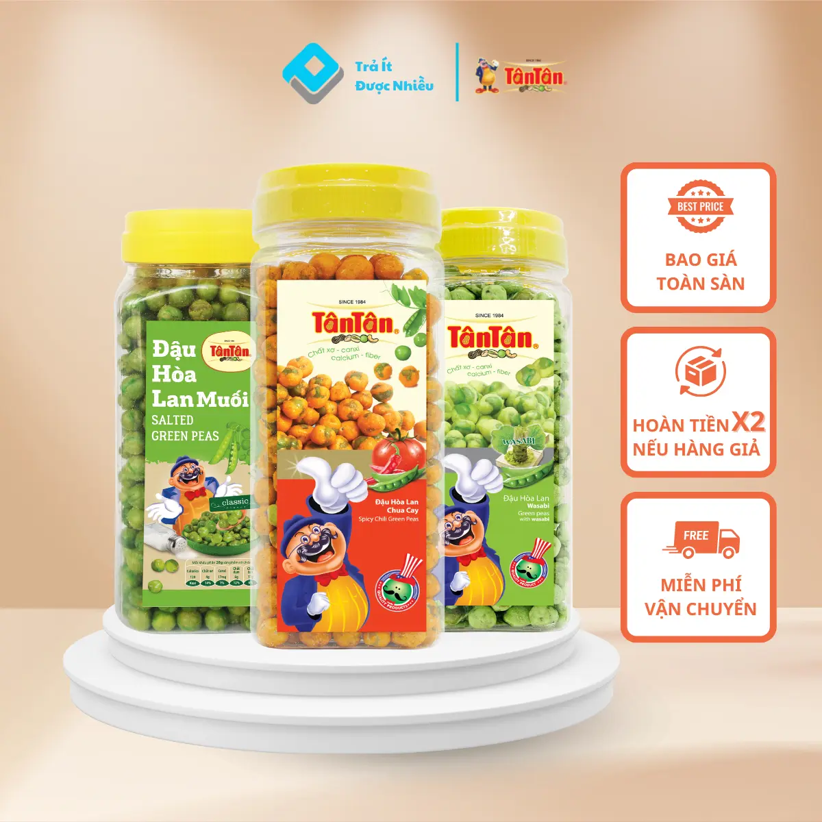 Combo 3 Hũ: Đậu Hòa Lan Chua Cay Tân Tân 190g + Đậu Hòa Lan Muối 190g + Đậu Hòa Lan Wasabi 190g
