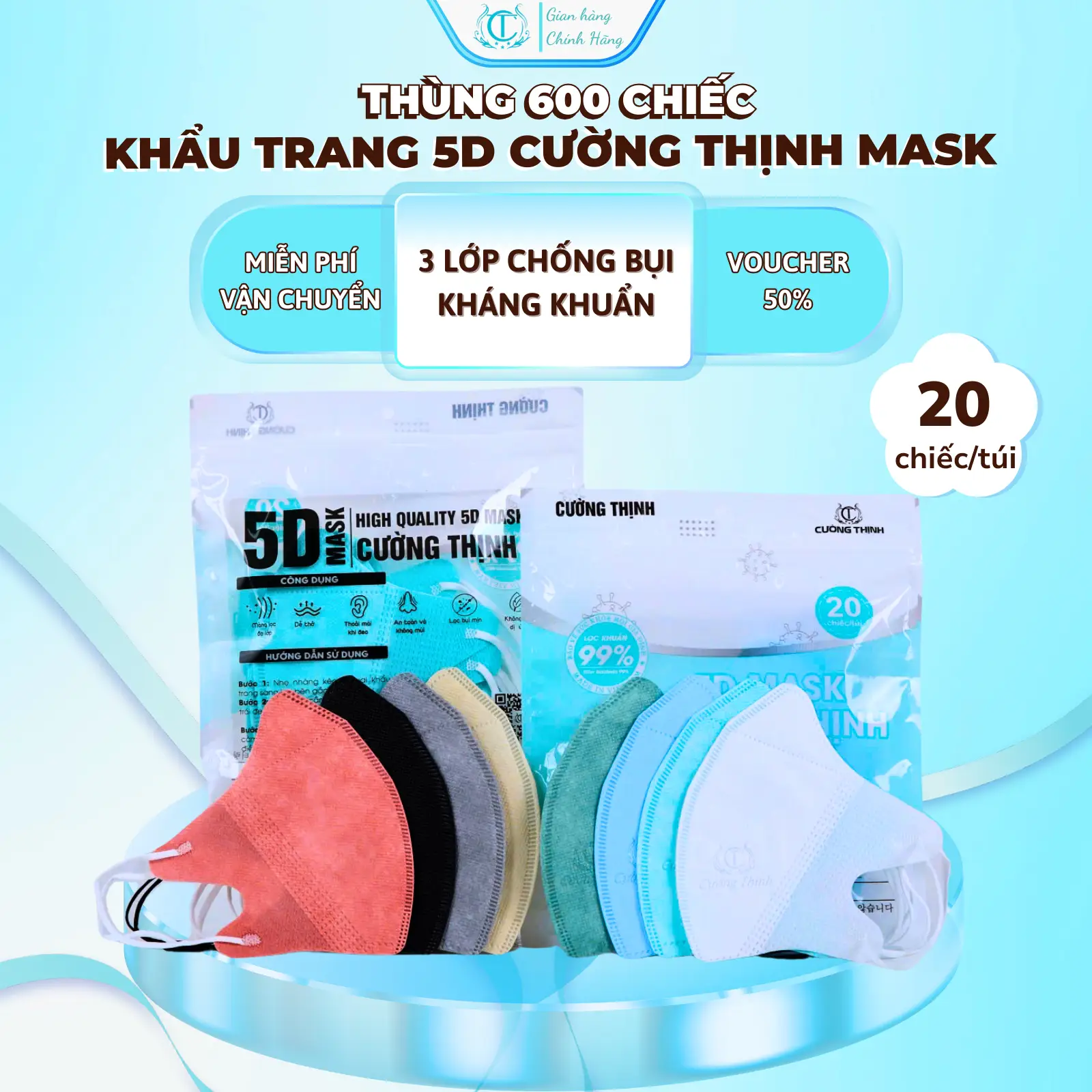 Thùng 600 Chiếc Khẩu Trang 5D Cường Thịnh | Mẫu mới, túi zip 20c/ túi |