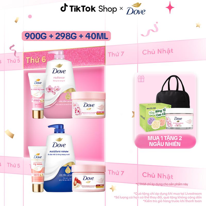   KOL Live 6  Bộ sản phẩm chăm sóc da toàn diện - Sữa tắm dưỡng thể Dove 900g + Smoothie Tẩy Da Chết 298g+ Dove Serum dưỡng sáng khử mùi 40ml - Hương Hoa Anh Đào  6  