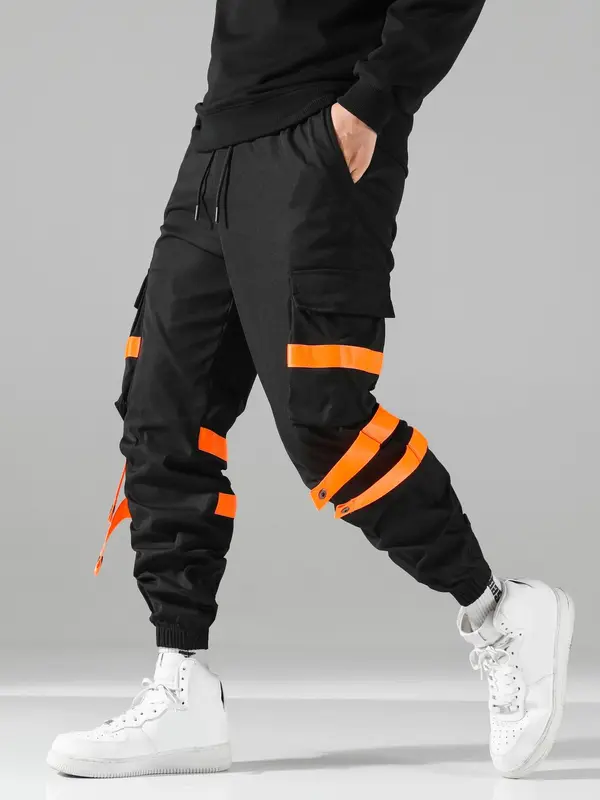 Men's Colorblock Drawstring Button Detail Cargo Pants, Construction Workwear, Regular Fit Fashion Casual Pocket Elastic Waist Trousers For Daily Wear, Men's Bottoms For Fall & Winter 3