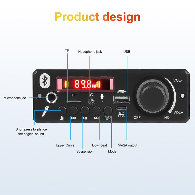 Product Introduction of Car Bluetooth 5.0 12V 2*80W MP3 player USB FM microphone handsfree control decoding board 19
