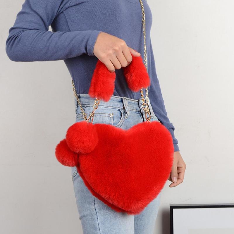Product Introduction of Women Messenger Bag Cute Heart Shaped Shoulder Bag Fluffy Chain Soft Fashion Crossbody Handbag 32