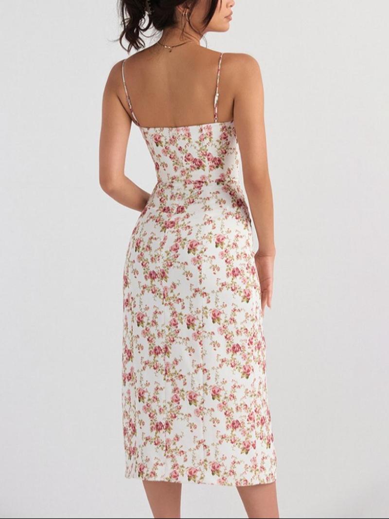 Product Introduction of Women's Ditsy Floral Print Contrast Lace Split Thigh Cami Dress, Boho Adjustable Spaghetti Strap Midi Dress for Beach Holiday Vacation, Ladies Summer Clothes 13