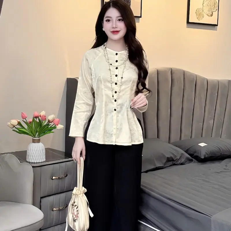 A01 - BỘ BÀ BA GẤM CỔ TRÒN CÚC BỌC TAY DÀI - 5CE 3