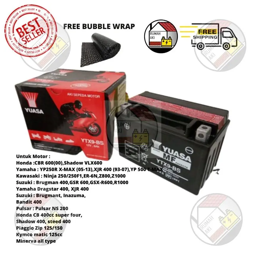 Aki Motor Pulsar 200NS, Piaggio ZIP, Minerval All Type YTX9-BS YUASA ORI Accessories Alat Motorcycle  Asli