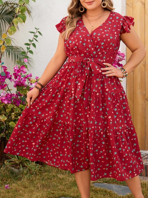 Plus Size All Over Print Belted Ruffle Wrap Butterfly Sleeve Dress, Cute Women Summer Clothes, Dresses for Women, Plus Size Dresses, Elegant V Neck Cap Sleeve A Line Dress for Vacation Holiday, Summer Dresses 2024 2