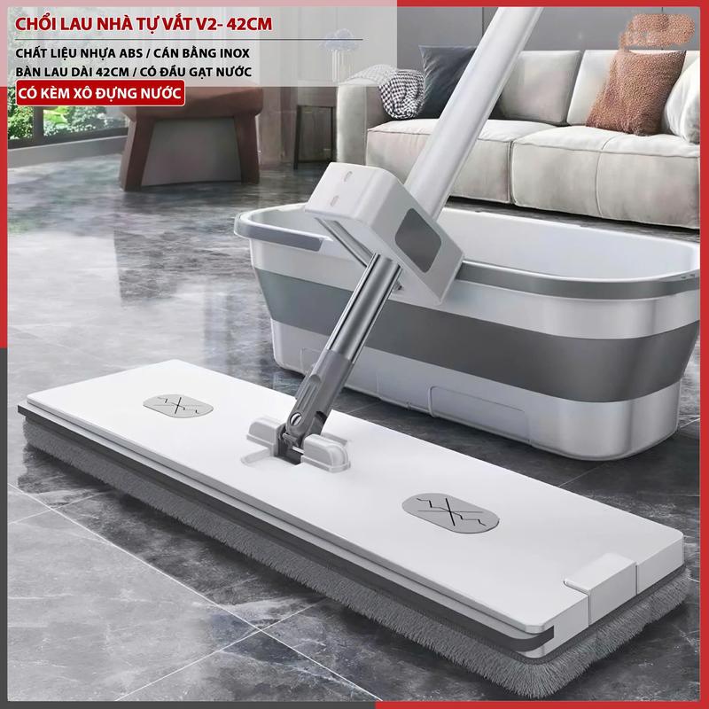 Chổi Lau Nhà Tự Vắt Thông Minh V1-42 Chổi Lau Nhà 360 Độ Bàn Lau To 42cm Có Đầu Gạt Bụi Gạt Nước Bẩn Lau Sàn Cây Lau Nhà Tiện Lợi