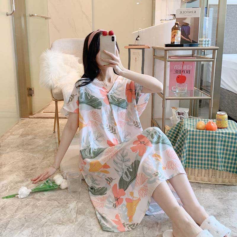 Váy ngủ ngắn tay vải Cotton lụa tự nhiên mềm mại thoáng mát, đầm mặc nhà mùa hè cổ V freesize rộng rãi mã VAV0222 Nữ Dress