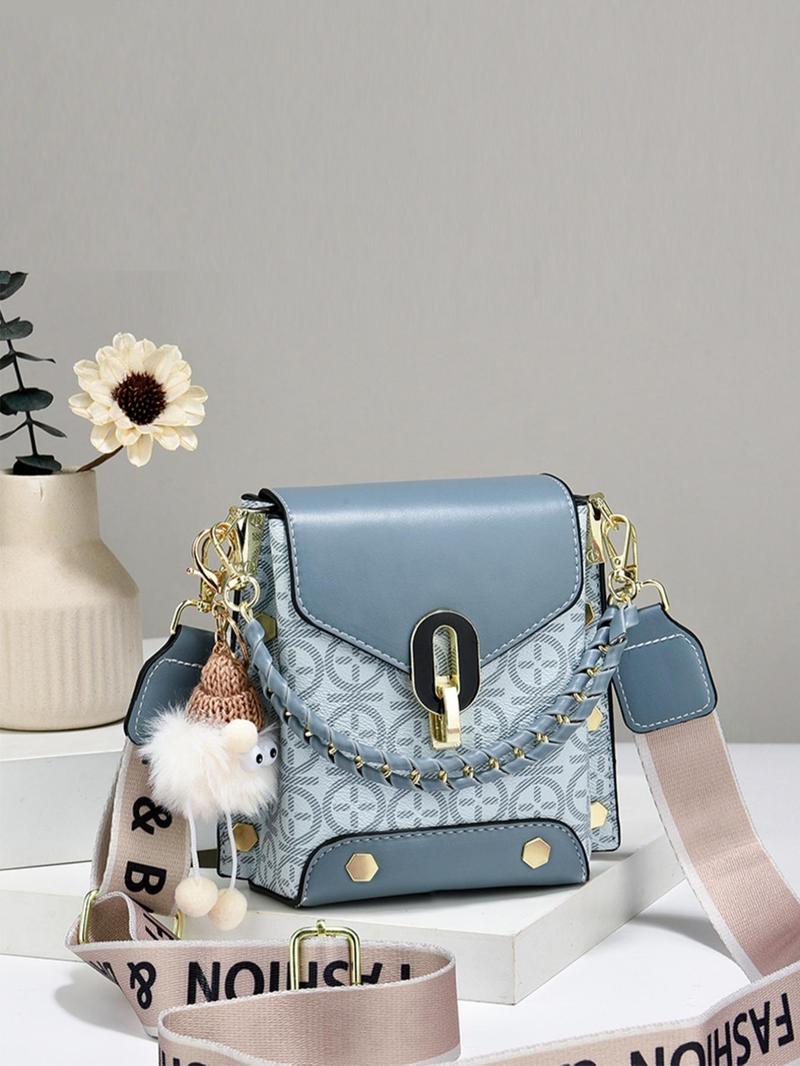 Product Introduction of Fashion Geometric Pattern PU Leather Crossbody Bag with Cute Charm, Buckle Decor Shoulder Bag for Women, Trendy All-match Commuter Bag 0