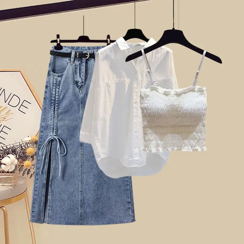 Large Women's Autumn Set Women's 2023 New Fashion Versatile Shirt French suspender denim skirt three piece set trend