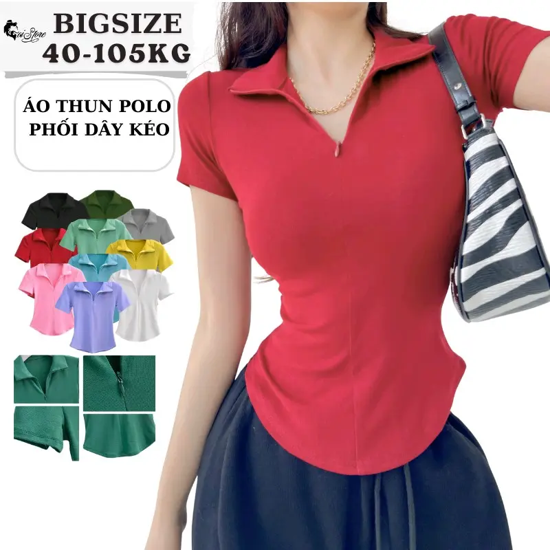 40-105KG Áo Polo Khóa Kéo Cổ Vạt Bầu Tạo Eo Thon Cho Nàng Bigsize Top Women Voi Nhung Jean 0