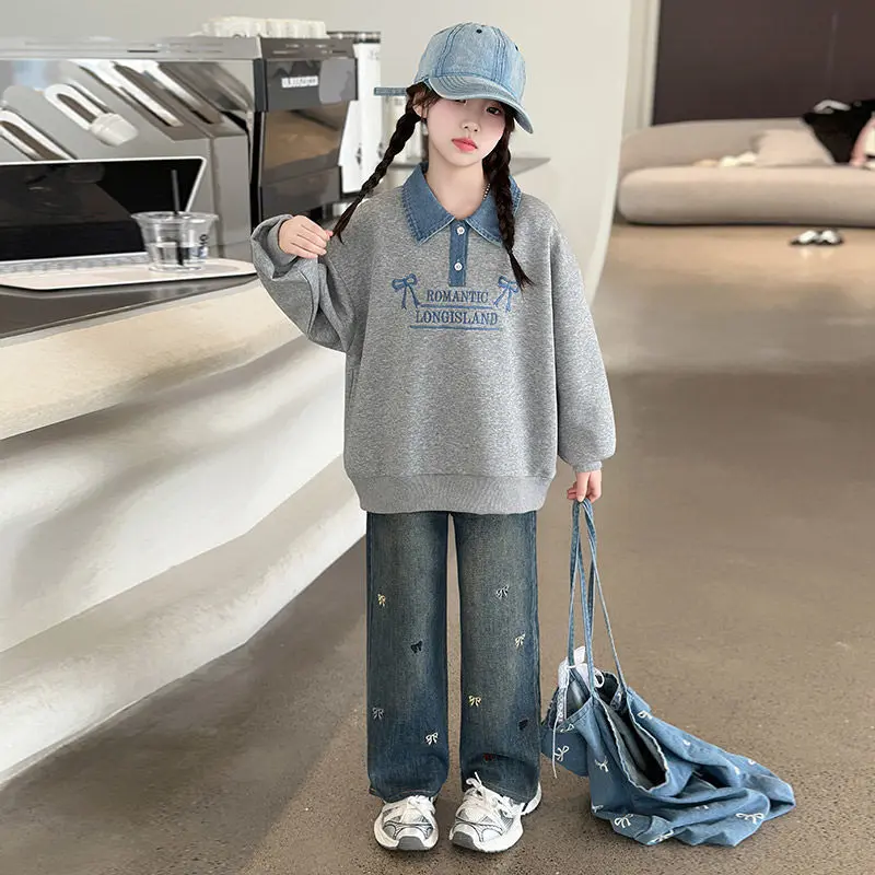 Áo Len Thêu Chữ Cho Bé Gái, Hàng Mới Về Mùa Thu, Thích Hợp Cho Học Sinh Trung Học Cơ Sở Áo Cổ Polo Denim Thời Trang, Cho Bé Gái, Năm 2024