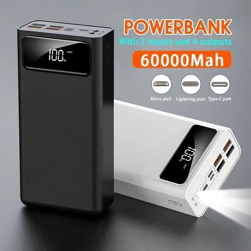 PowerBank 60000mAh  4 USB Fast Charging LED Digital Display Portable White